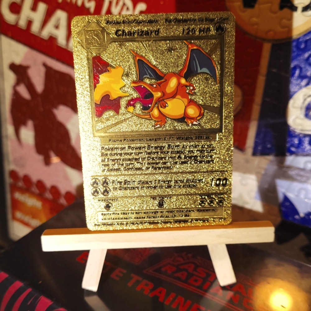 Rare golden Charzard Pokémon card.